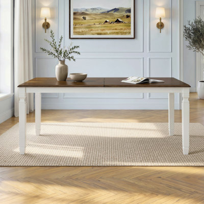 Table de salle à manger extensible de 59 à 77 po pour 4 à 6 personnes, plateau en bois aggloméré peint, table de cuisine de style campagne moderne, pieds en bois d'hévéa massif, peu encombrant pour la cuisine, la salle à manger, le plateau brun et la base beige