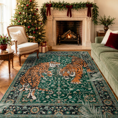 Goldene Oriental Tiger Vintage Washable Area Rug - Soft Cashmere Carpet for Living Room, Bedroom, or Office