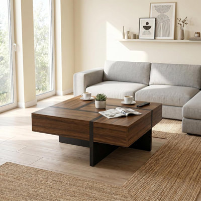 Extendable Coffee Table with 4 Hidden Storage Compartments, Square Wood Grain Sliding Expandable Tabletop Center Table for Living Room