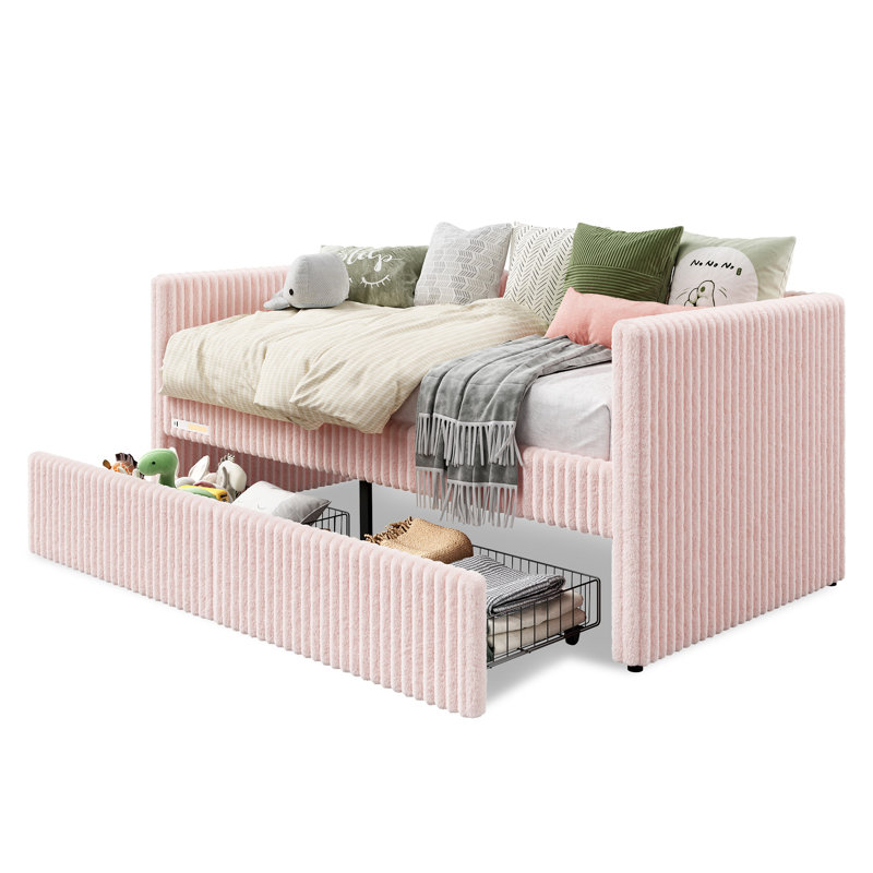 Lit de jour rembourré avec côtés gardés, base de lit plateforme avec support à lattes et veilleuse intégrée, rose, Rose