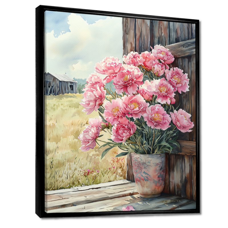 Pivoines dans la brise de basse-cour III - pivoines, art mural, H 20 po x l 12 po, Reproduction avec cadre flottant, Noir