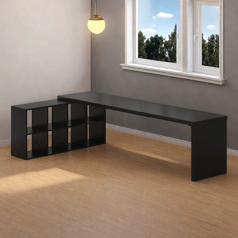 Bureau simple en L en bois massif noir avec bibliothèque intégrée, H 29,53 po x l 70,87 po x P 54,33 po