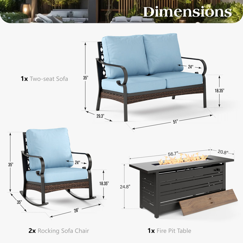 Ensemble de conversation pour 4 personnes avec table et coussins en acier inoxydable, Noir / bleu / noir