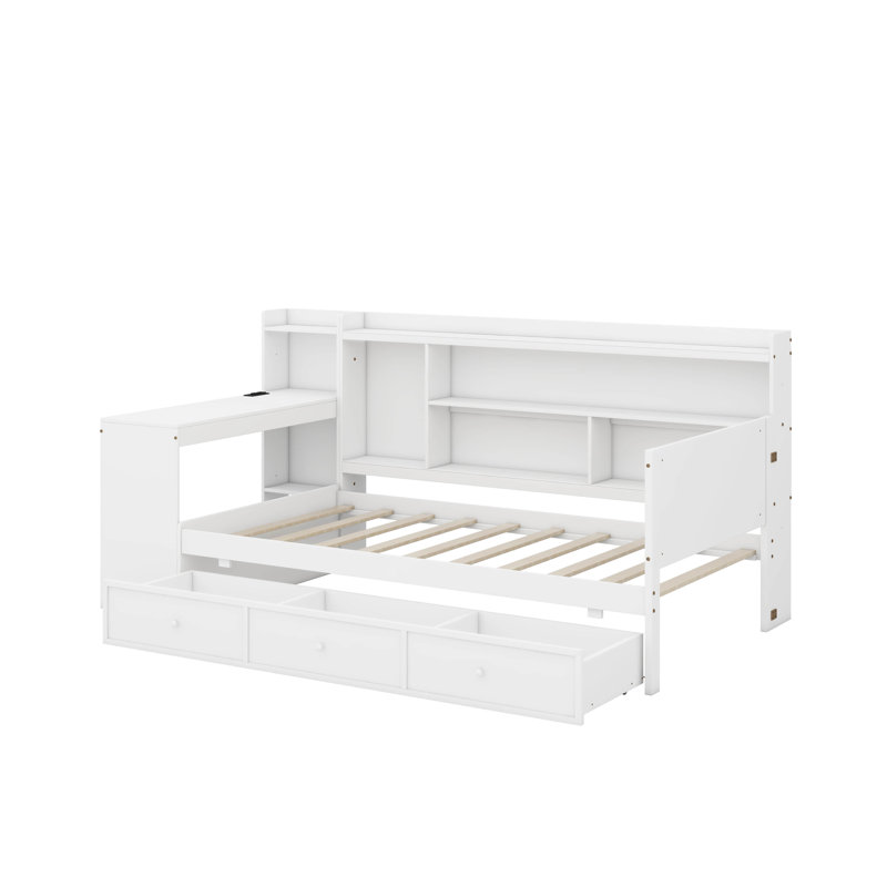 Lit de jour en bois avec 3 tiroirs, ports USB et bureau, Lit simple, Blanc