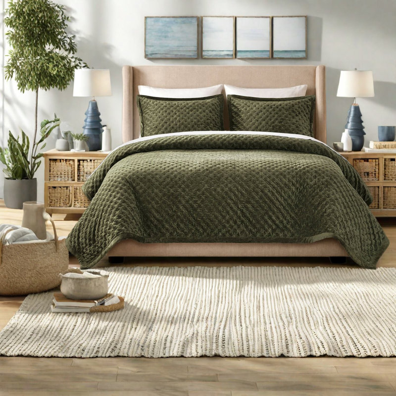 Ensemble de literie en velours Queen, couvre-lit vert matelassé pour chambre à coucher