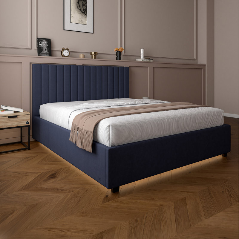 XR Living Maisie Fabric Ottoman Bed with LED Lighting, Navy, Double (4'6)