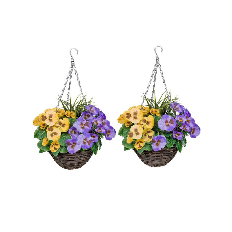 2 x Hanging Baskets with Flowers and Decorative Grasses (Set of 2), Yellow/Purple
