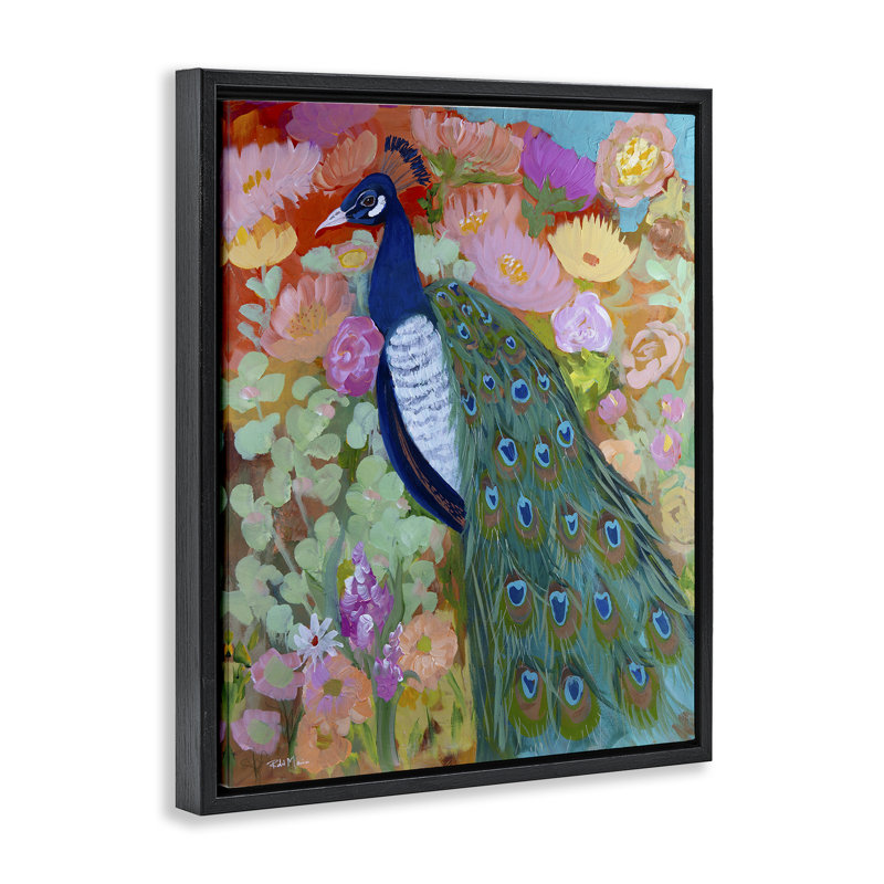 "Bundle of Florals & Peacock", art mural sur toile flottante, design par Robin Maria, Cadre flottant noir de jais