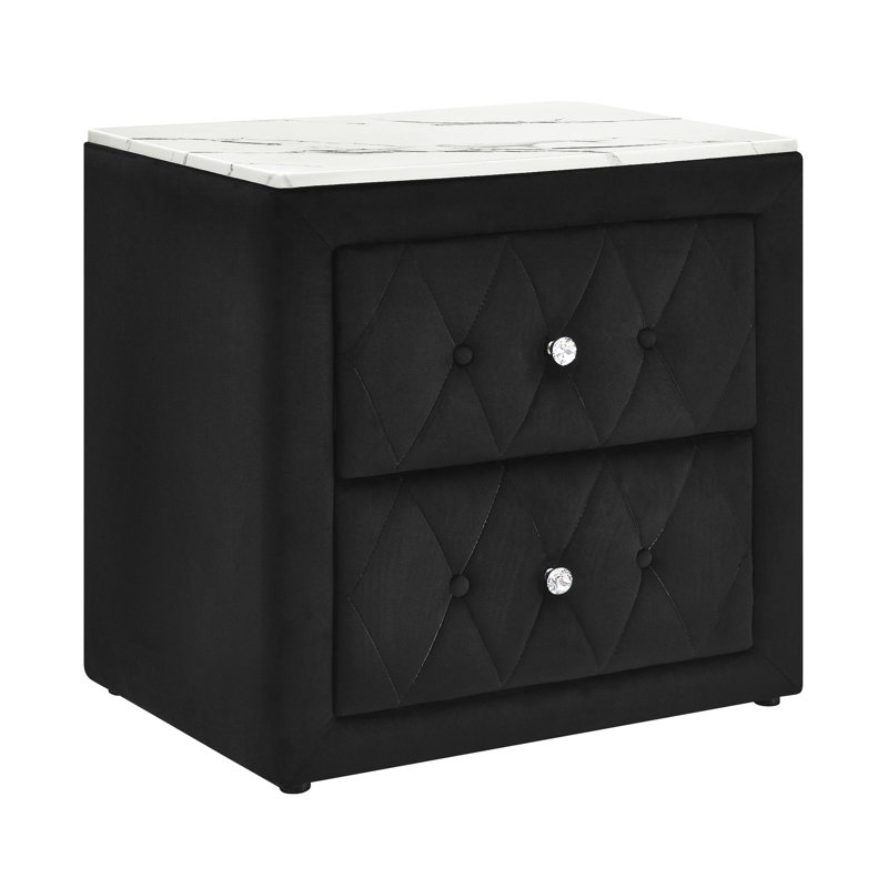 Table de chevet rectangulaire moderne 1pc noir avec plateau en faux marbre, revêtement en tissu à boutons et deux tiroirs pour le tissu Grace, meubles de rangement en cristal