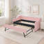Lit de jour convertible rembourré avec dossier capitonné, canapé-lit polyvalent 3 en 1 avec lit gigogne escamotable et rangement latéral-129411593-129411597