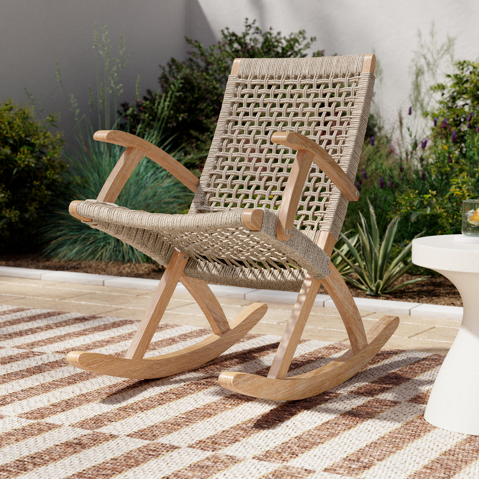 Brayson Solid Wood Rocking Chair, Light Brown/Wheat Rope