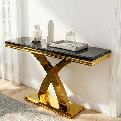 50" Luxury Black And Gold Console Table With X-Shaped Base