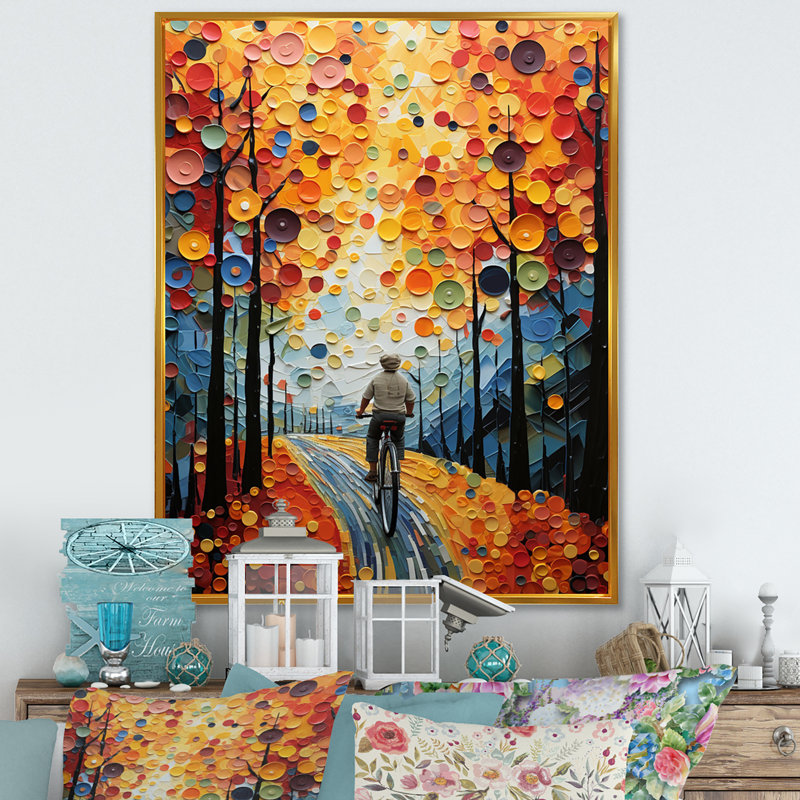 Vélo voyage pointillisme, reproduction d'art sur toile, Cadre flottant doré, H 32 po x l 16 po x P 1 po