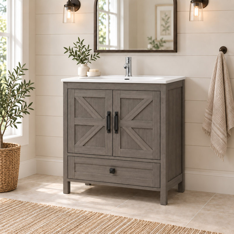 Ensemble de vanité de 76 cm avec lavabo encastré et robinet, espace de rangement dissimulé - Gris, Gris, 30"