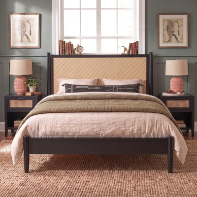 Queen Size Platform Bed Frame with Rattan Headboard, Wicker Bed with Wooden Slats Support,Boho Coastal Style, No Box Spring Needed, Black