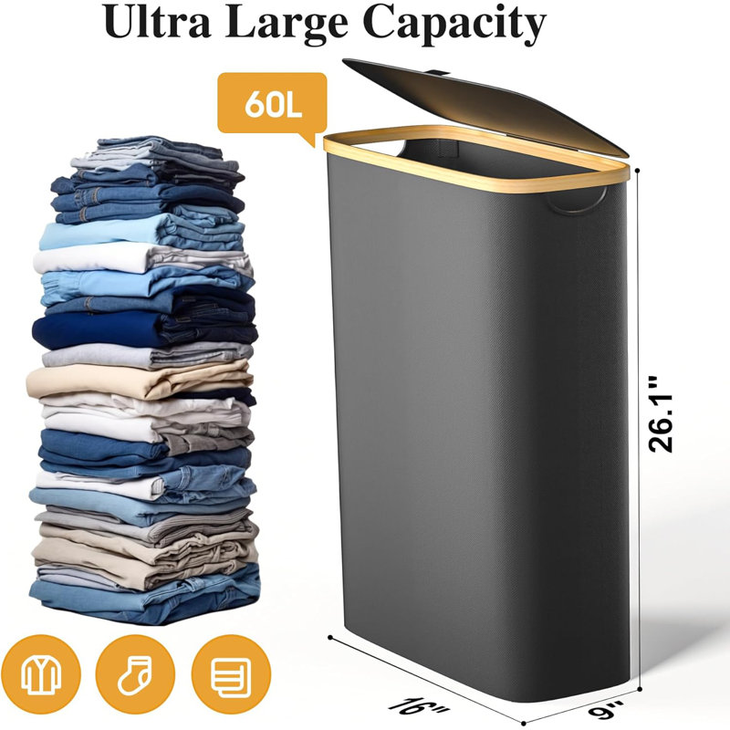 Slim Laundry Hamper, 60L Waterproof Narrow Laundry Basket With Lid And Removable Bag, Collapsible Tall Clothes Hamper With Handles For Clothes Toys In Dorm Bedroom Bathroom