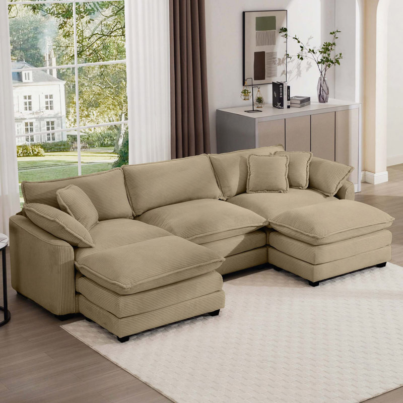 Jeffers Chenille Fabric Upholstered 4-Piece Sectional Sofa, White Chenille, 33" H x 76.7" W x 35" D