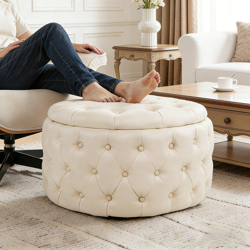 Fully Assembled Round Storage Ottoman with Deep Diamond Tufting and Hidden Storage, Beige PU Faux Leather