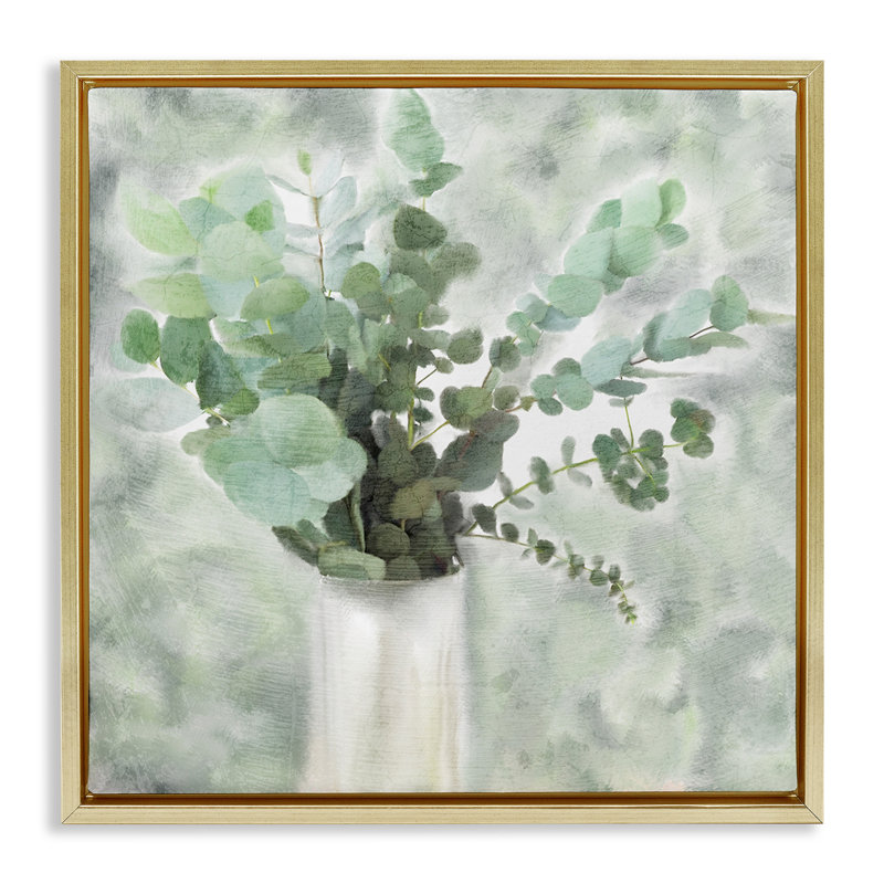 «Sage Green Painterly Eucalyptus», art mural encadré sur toile flottante par Kimberly Allen, Cadre flottant métallique doré