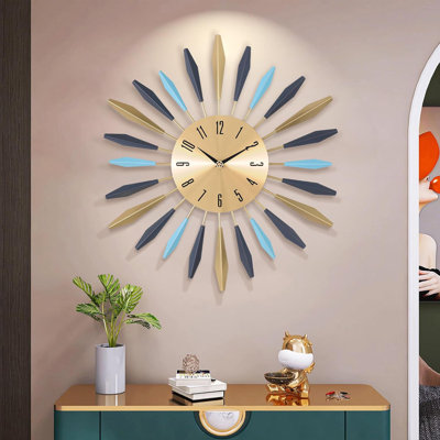 Multicolore horloges murales 23 pouces en métal Mid-Century pour décor de salon, grande horloge murale Sunburst Starburst