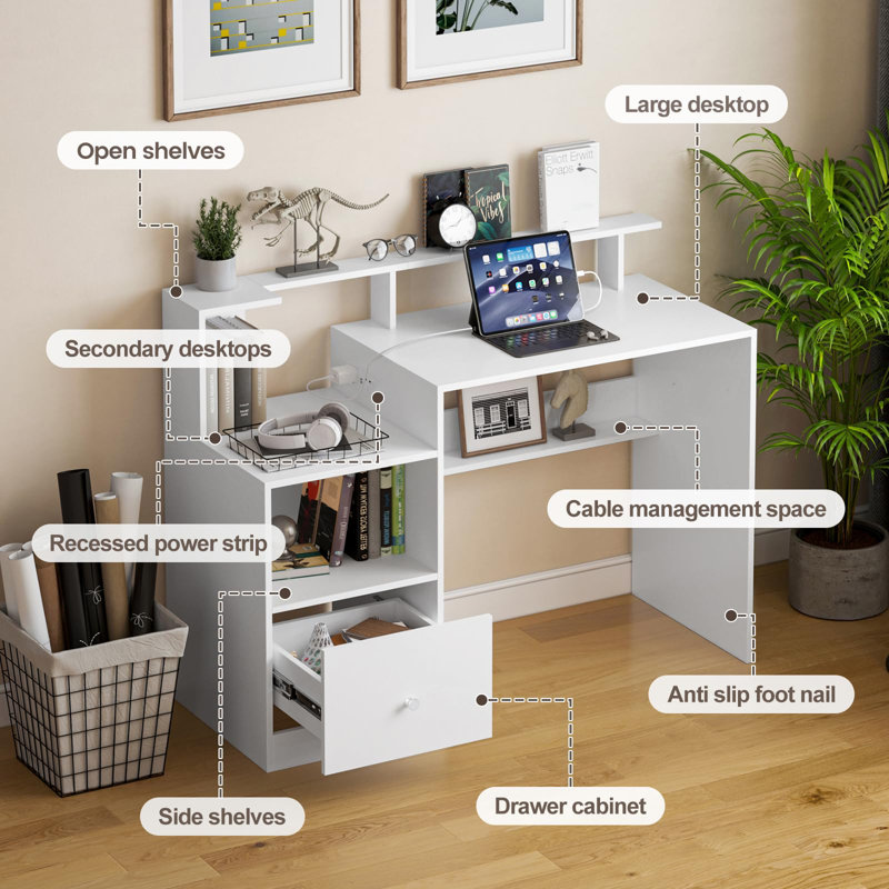 120cm Computer Desk With Drawers And Power Outlet,white Office Desk With Monitor Stand&cable Management, Gaming Desk Pc Table With Storage, Small Study Table For Home Office/bedroom