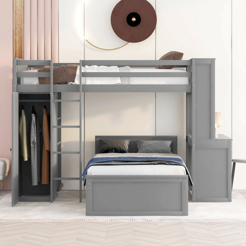 Loft Bed With A Stand-Alone Bed, Shelves,Desk,And Wardrobe