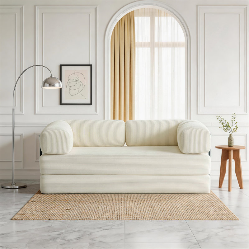 Upholstered Boneless Compression Corduroy Convertible Sleeper Sofa Bed - Foldable Floor Couch With No Assembly, Beige