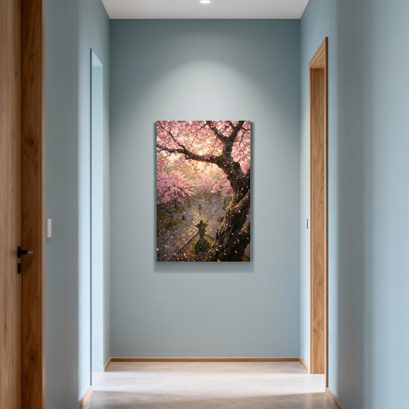 Scène de sentier de jardin avec plantes et fleurs de cerisier, H 30 po x l 20 po