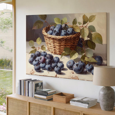 Art mural sur toile, panier de bleuets, nature morte, toile de fruits réaliste avec charme rustique