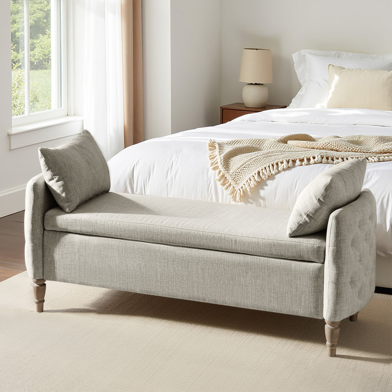 Aristides Farmhouse 59"W Flip Top Storage Bench with Two Pillows and Solid Wood Legs, Gray