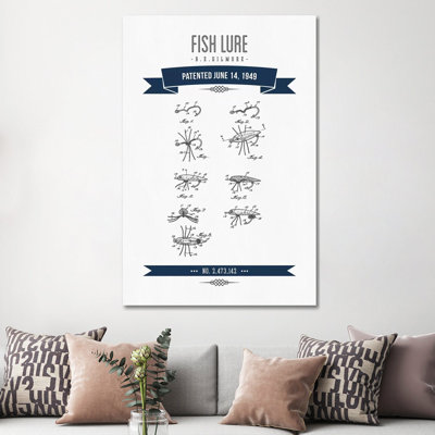 B.E. Gilmore Fishing Lure Patent Sketch (Navy Blue) by Aged Pixel - Wrapped Canvas Print