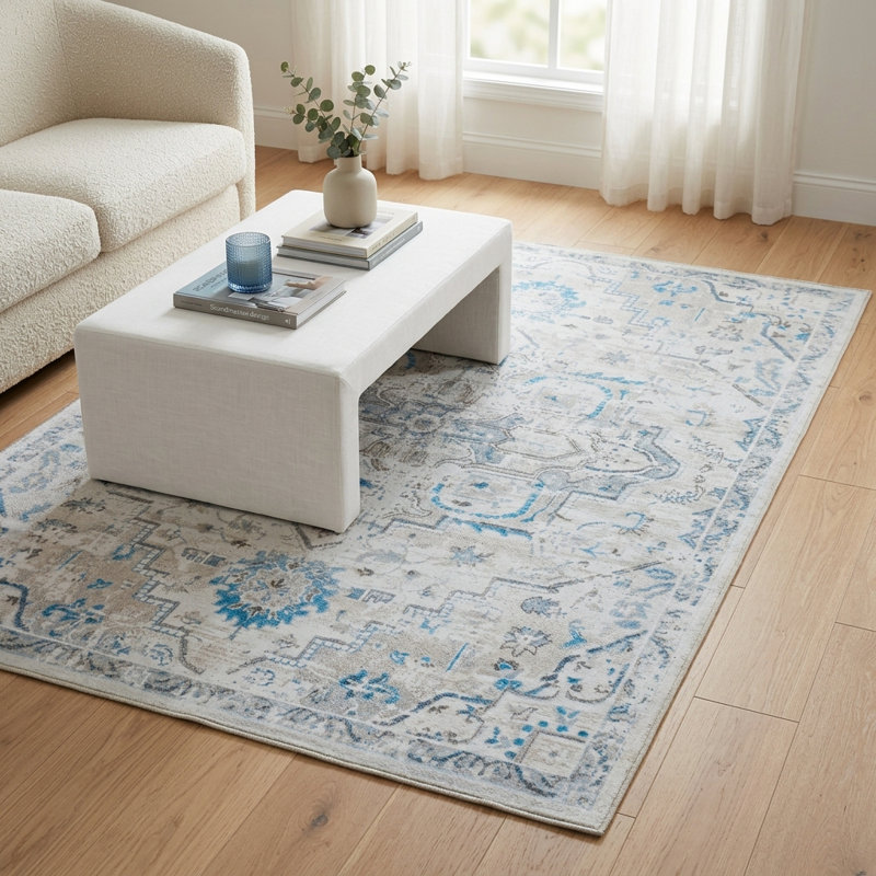 Non-Slip Machine Washable Oriental Area Rug in Blue/Cream/Gray for Living Room, Bedroom, Hallway Runner Indoor Rugs