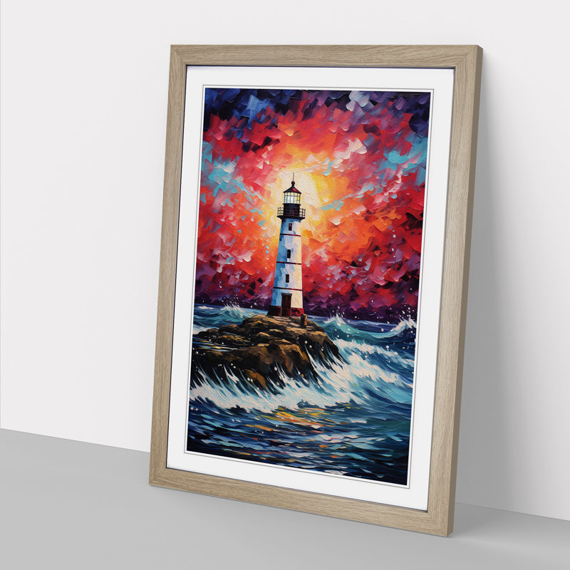 Lighthouse Expressionism No.2 - Single Picture Frame Print on Wood, 46cm H x 34cm W x 2cm D, Oak