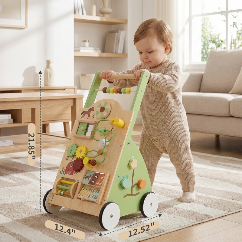 11-in-1 Wooden Baby Walker with Adjustable Speed, Montessori Activity Push Walker for Toddlers, Baby Gift for Boys and Girls