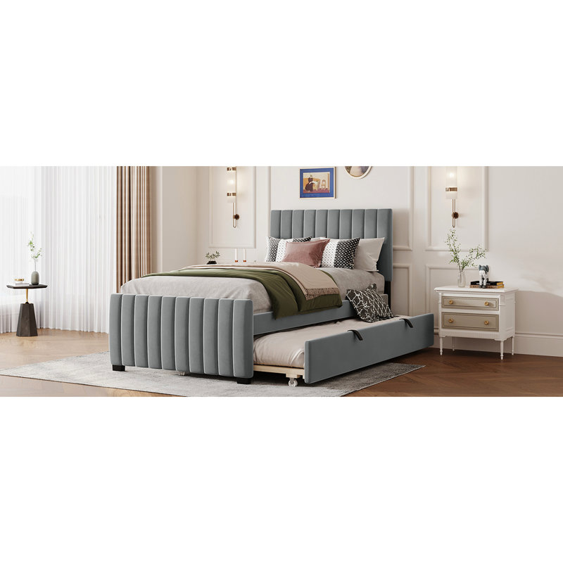 Lit plateforme tapissier simple avec lit gigogne en velours gris, sans sommier, lit gigogne simple et décoratif, Lit simple