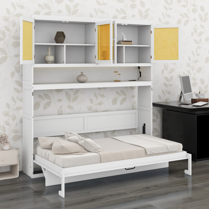 Lit escamotable mural peu encombrant avec armoire supérieure, éclairage intégré et ports USB, White