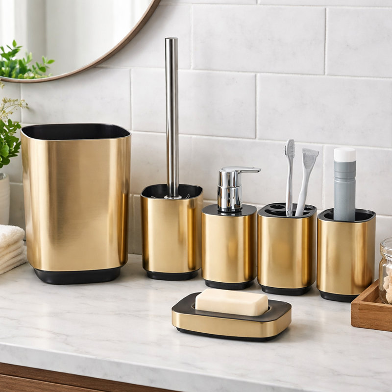 6-piece Acrylic Bathroom Accessory Set With Trash Can & Soap Pump