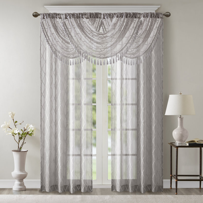 Gray Diamond Sheer Embroidered Waterfall Valance