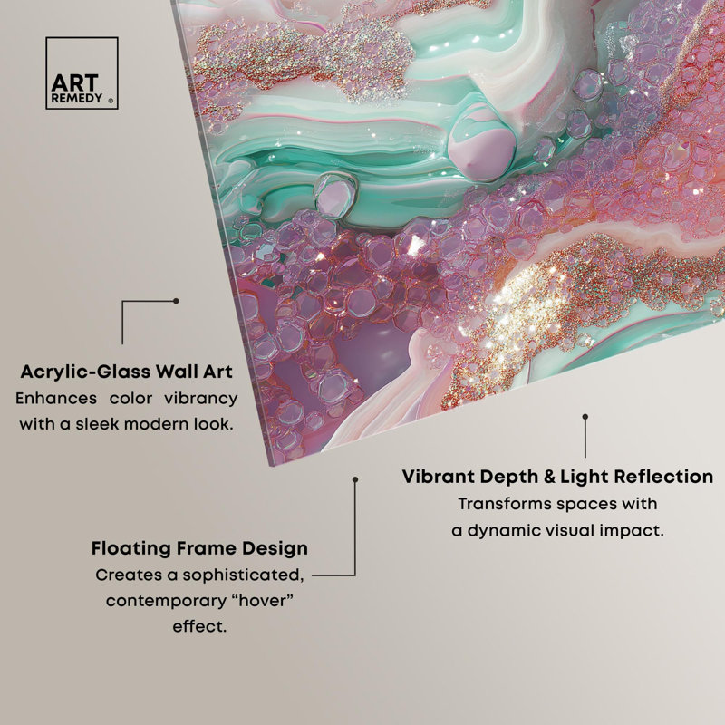 Abstrait coloré acrylique rose et cristal de menthe III par Art Remedy, prêt à être suspendu, H 16 po x l 16 po