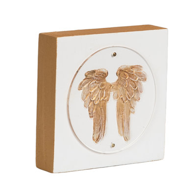 Wood Acrylic Block Gold Angel Wings, Tabletop Signs, White, Wood, Tabletop, Living Room, Spring, Home Decoration