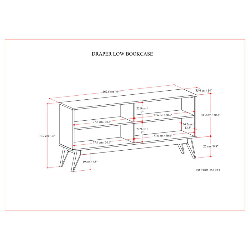 Draper 64"W Solid Hardwood 4 Shelf Mid-Century Modern Low Bookcase with Tapered Legs