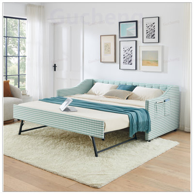 Twin Daybed, Upholstered Convertible Daybed with Tufted Button Backrest, 3-in-1 Versatile Sofa Bed with Pull-Out Trundle and Side Storage for Compact Living