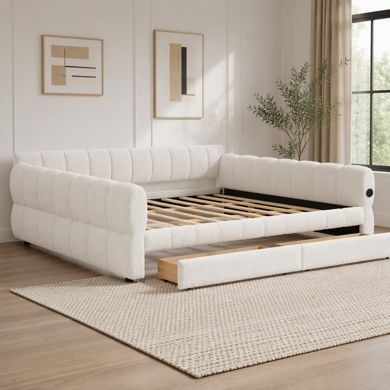 Lit plateforme tapissier avec port USB et 2 tiroirs, King