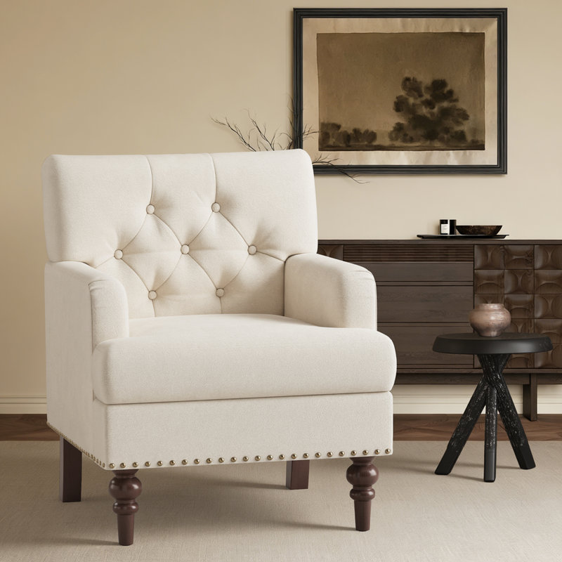 Luxury Tufted High Leg Armchair with Nailhead Trim and Plush Thick Padded Cushion, Beige Fabric