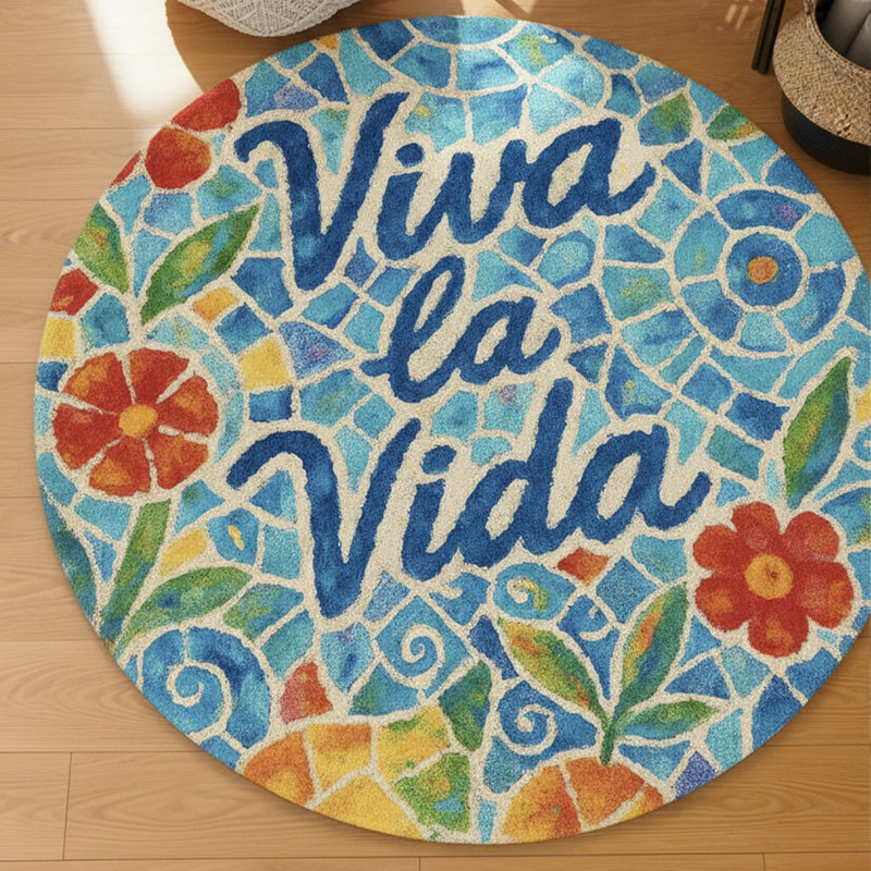 "Viva La Vida" Mosaic Round Cotton Area Rug, Round 4'11"