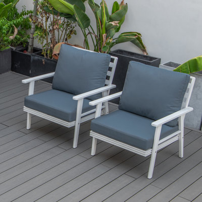 2-Piece Patio Arm Chair with Slatted Aluminum Frame - Removable Polyester Cushions, Cotton-Filled Lounge Chair for Indoor Outdoor Use