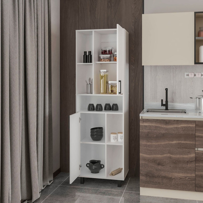White Kitchen Pantry With Open Storage And 2 Doors