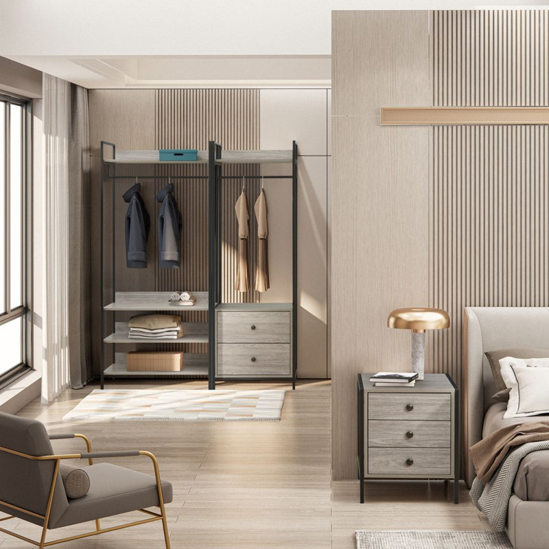Alva Open Wardrobe With 2 Drawers 3 Piece Bedroom Set, Grey