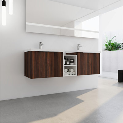 Meuble-lavabo à fermeture en douceur 60 po avec lavabo et petites tablettes de rangement