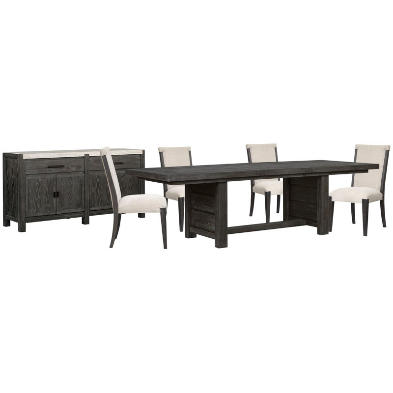 Extendable Trestle Dining Table With 4 Upholstered Side Chairs And Sideboard, 6 Pieces: Table, 4 Chairs, Sideboard